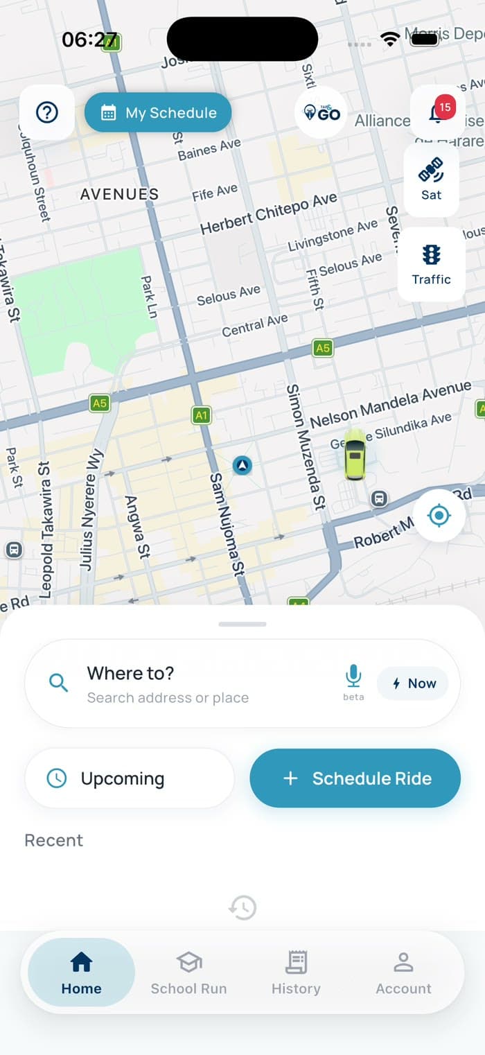 Tap & Go app — booking a ride from Avondale to Borrowdale