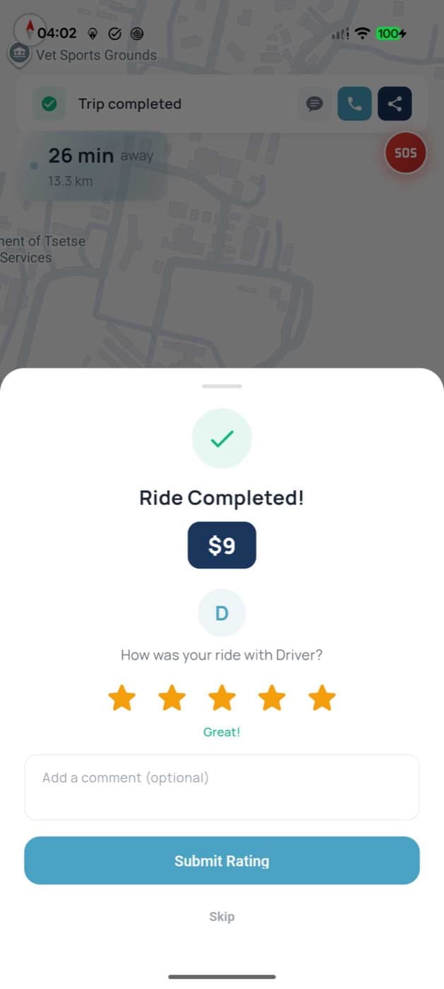 Ride completed — rate your driver